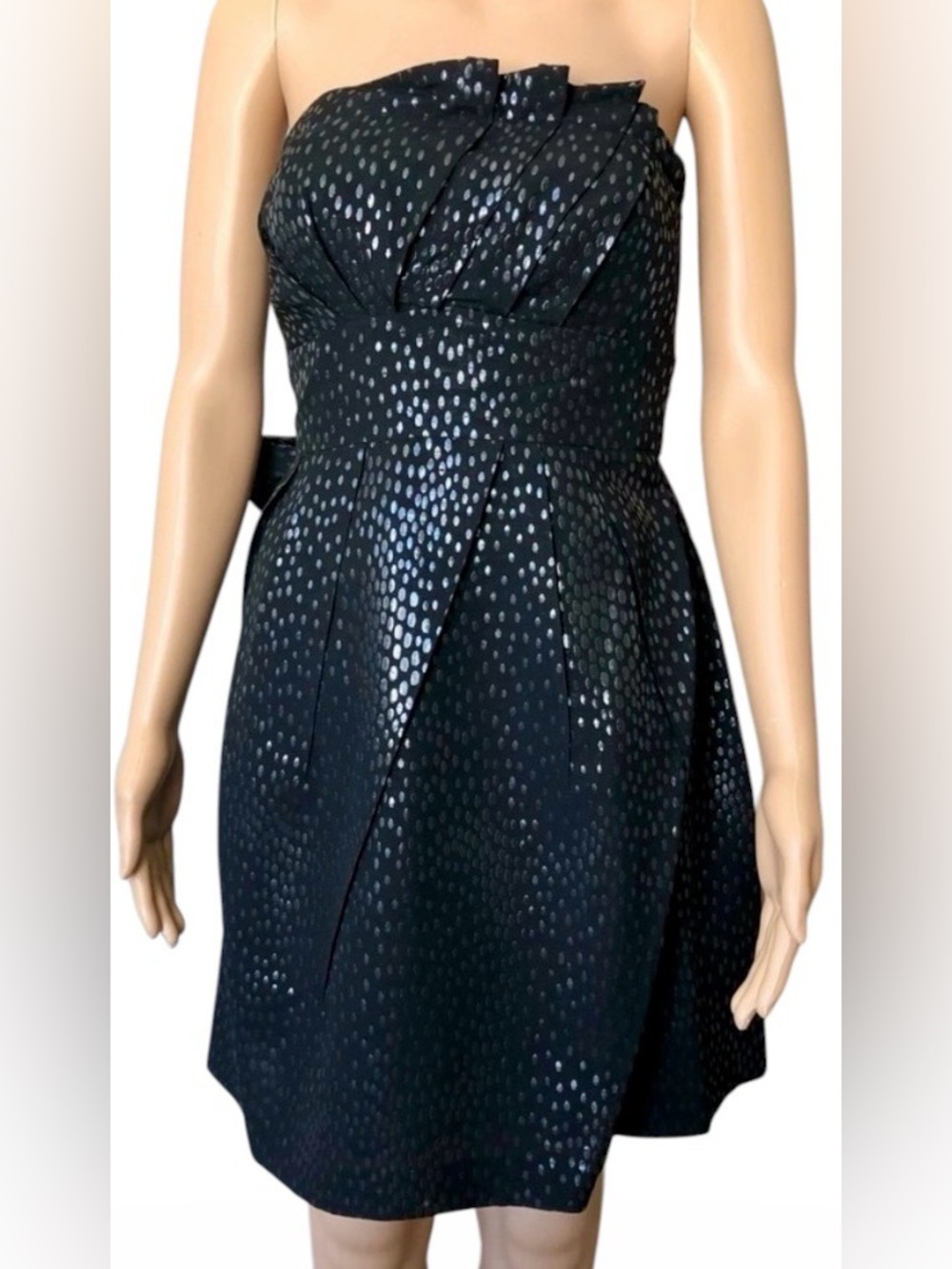 🩶LAILA Black Silver Dots Fan Origami Strapless Bow Back Mini Dress size 2🖤